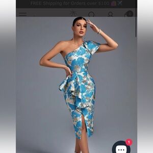Elegant Blue Floral One-Shoulder Dress